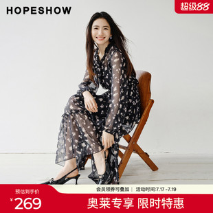 红袖2026春季新款女装 花卉印花蕾丝拼接系带打揽长袖雪纺连衣裙