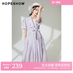 新款 红袖 outlets系带泡泡袖 连衣裙hopeshow2023秋装 双排扣格纹裙