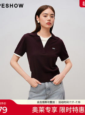 红袖2025秋季新款女装 假两件POLO领字母标正肩短袖短款针织衫