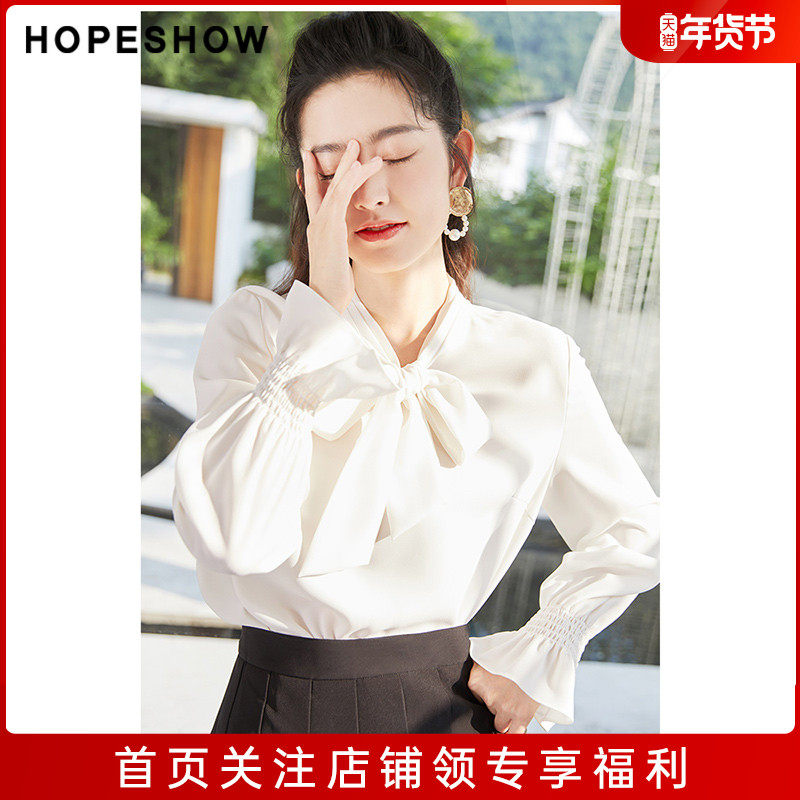 红袖outlets蝴蝶结喇叭袖白衬衫2021秋新款雪纺薄上衣