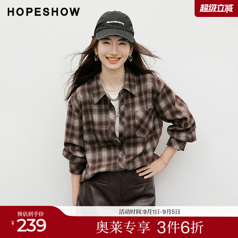 红袖2025冬季新款女装 撞色格纹不对称单排扣落肩翻领衬衫