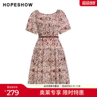 红袖2025秋季新款女装 100棉花卉印花系带拼接短袖圆领套头连衣裙