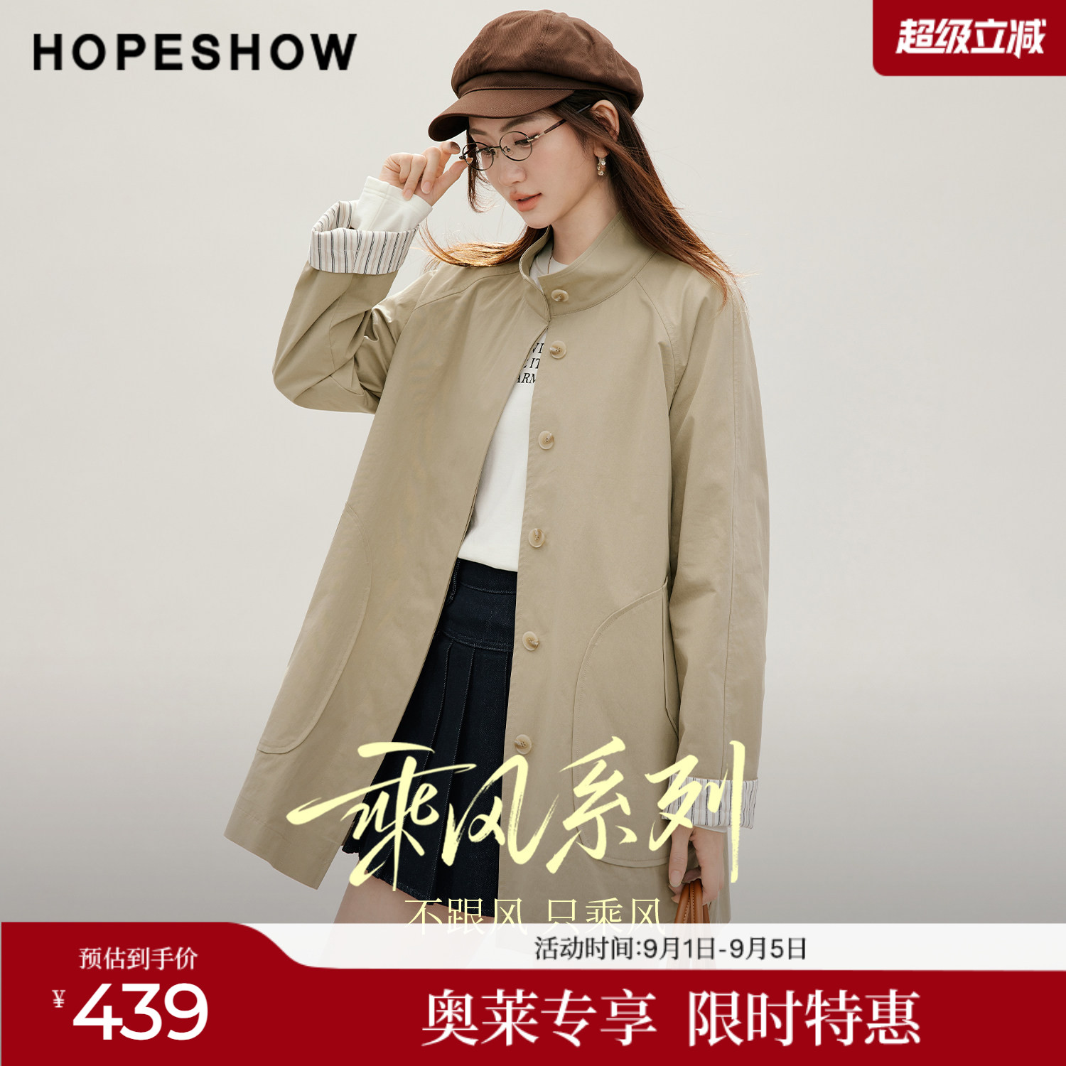 红袖秋季新款条纹拼接中长风衣图片