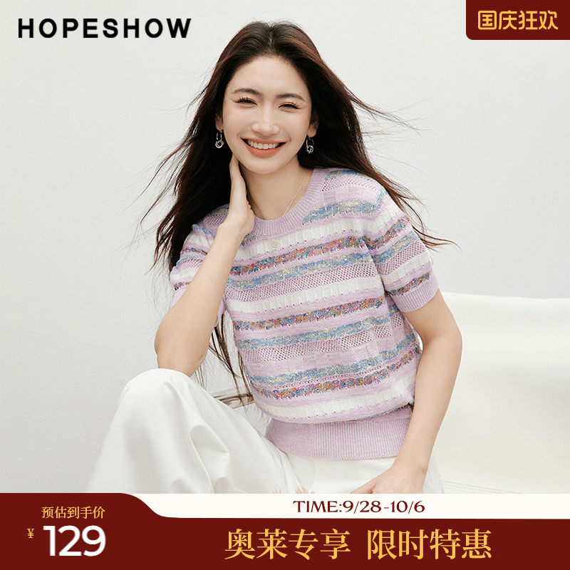 红袖2025夏季新款女装 定制彩纱镂空泡泡袖圆领套头短袖针织衫