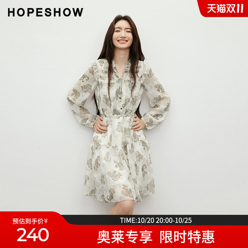 红袖2025秋季新款女装【蔓染之韵】印花木耳边串珠系带连衣裙