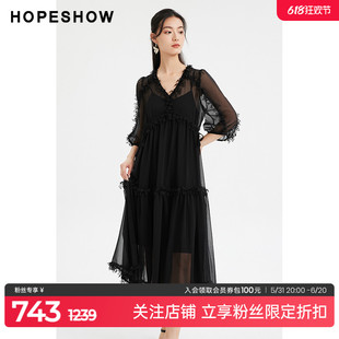 浪漫设计感V领套头连衣裙hopeshow2024夏款 红袖 立体花朵网纱裙女