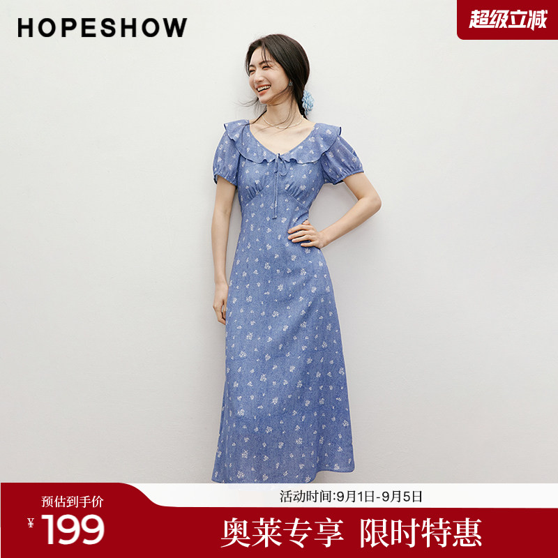 红袖2025夏季新款女装正肩泡泡袖收腰V领套头仿牛仔碎花连衣裙图片