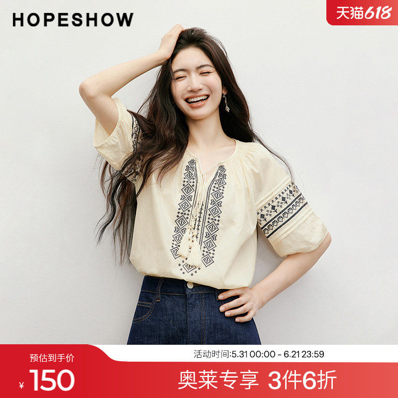 红袖2025夏季新款女装波嬉风流苏系带撞色刺绣圆领套头上衣