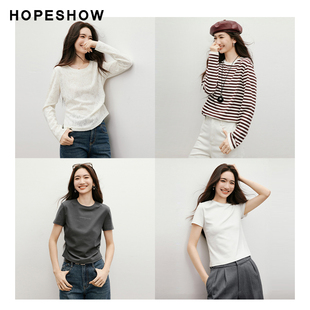 休闲百搭圆领套头长袖 红袖 女装 新款 T恤合集 春季