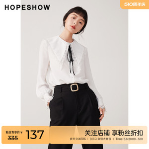 红袖outlets飘带衬衫hopeshow2023秋季新款女装蕾丝娃娃领雪纺衫