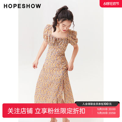 红袖outlets开叉碎花裙hopeshow2023秋季新款女装高腰方领连衣裙