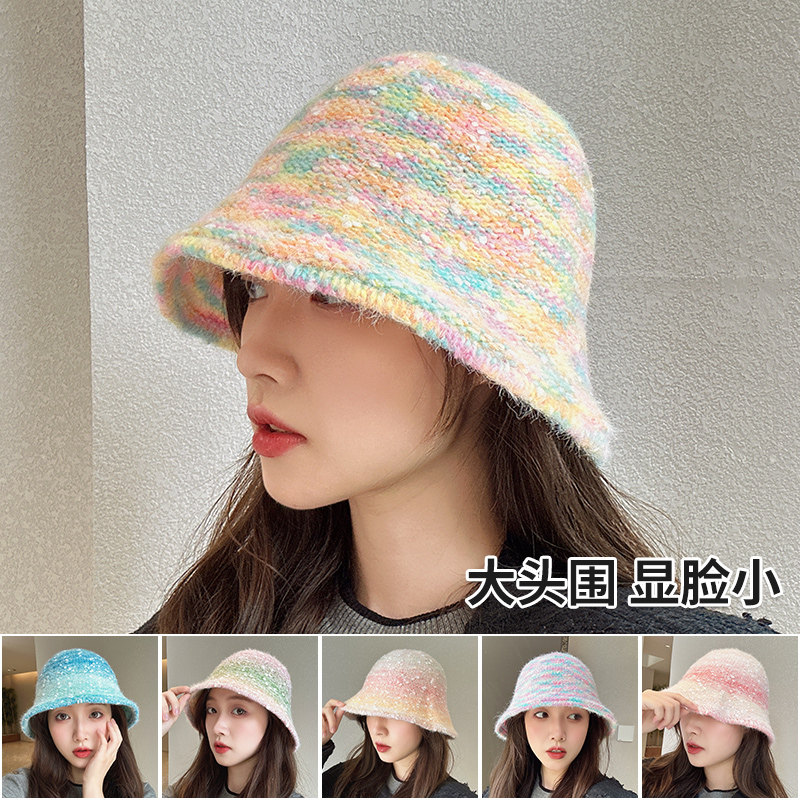 毛线帽网红百搭大头围显脸小沿边遮脸水桶渔夫盆帽子女士秋冬季