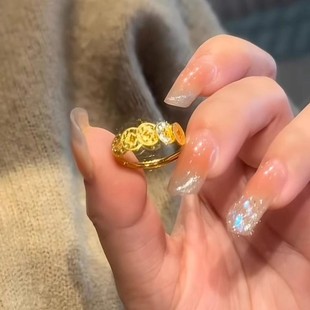 「钱多多」黄金色碎碎冰铜钱戒指新中式轻奢精致细闪五帝钱指环女