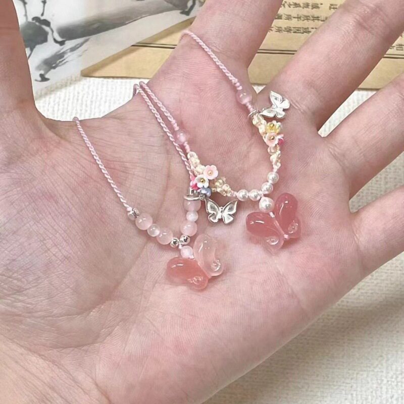 新中式粉色冰透蝴蝶项链小众设计高级感甜美风百搭编绳新款