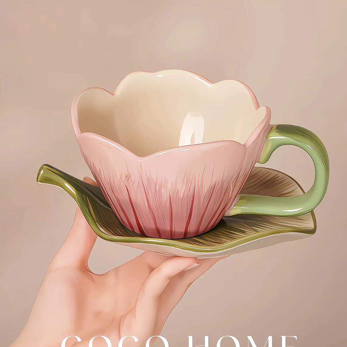 郁金香花朵陶瓷咖啡杯高档精致高级感复古高颜值办公室马克水杯