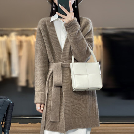 V领针织开衫毛衣气质中长款宽松型打底外套女士小个子外套羊毛衫