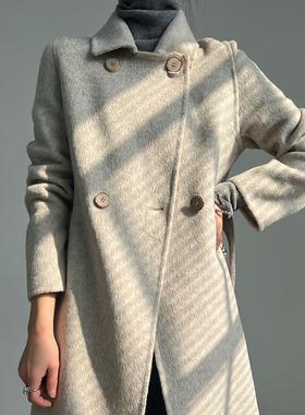 紫色香芋大衣阿尔巴卡羊驼绒中长款双面呢羊毛过膝西装领加厚外套