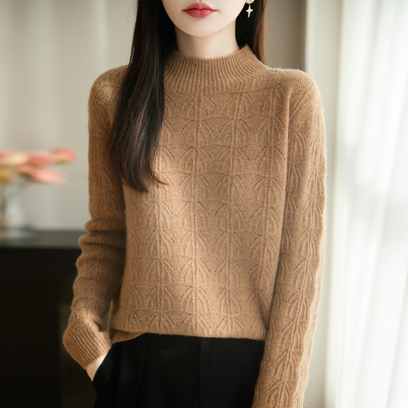 肌理感半高领针织衫女驼色修身显瘦薄款百搭打底衫羊毛衫