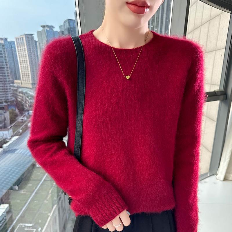 100%纯貂绒衫 圆领针织衫 打底内搭绒毛衣 秋冬女宽松上衣休闲