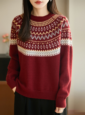 圆领针织衫打底内搭绒条纹毛衣秋冬女宽松上衣新年款