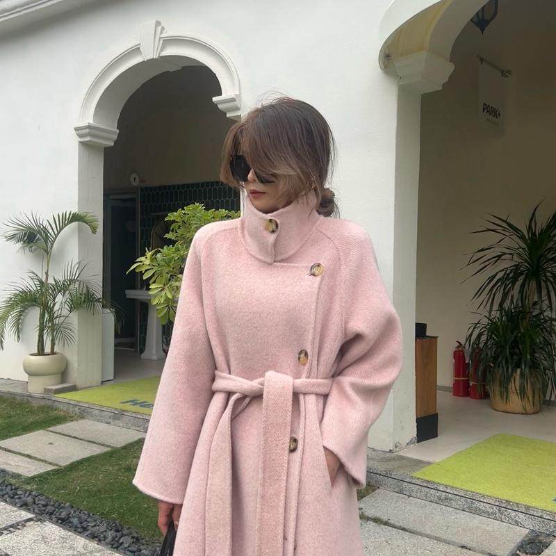 阿尔巴卡羊驼绒加厚双面羊绒大衣长款粉色立领赫本风女羊毛呢外套