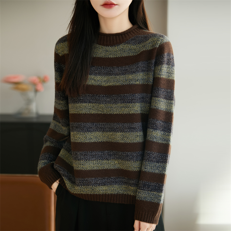 条纹羊毛衫 圆领针织衫 打底内搭绒毛衣 秋冬女宽松上衣休闲百搭