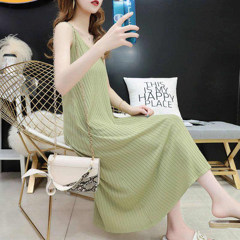 冰丝针织连衣裙夏中长款外穿V领打底韩版宽松薄款仙女无袖背心裙|ruв категории Женская одежда, шерстяной свитер - от Buy2taobao.com для оказания профессиональной услуги покупки агента Taobao