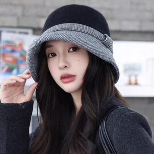 2025款 保暖渔夫帽英伦卷边妈妈洋气盆帽 千鸟格毛呢帽子女士秋冬季