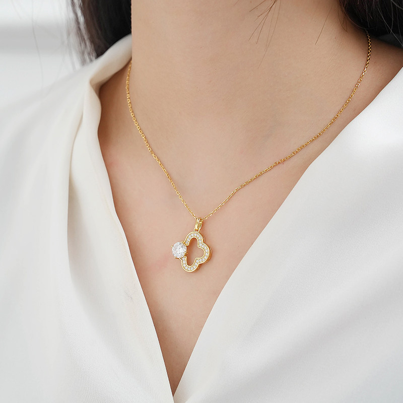 【纯银系列】夏季新款项链时尚简约镂空镶钻几何四叶草吊坠项链