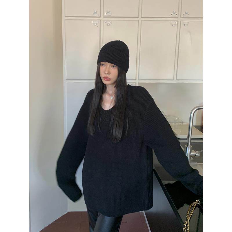 Halo Luu 黑色v领毛衣女早春新款宽松慵懒风高级感套头针织衫上衣