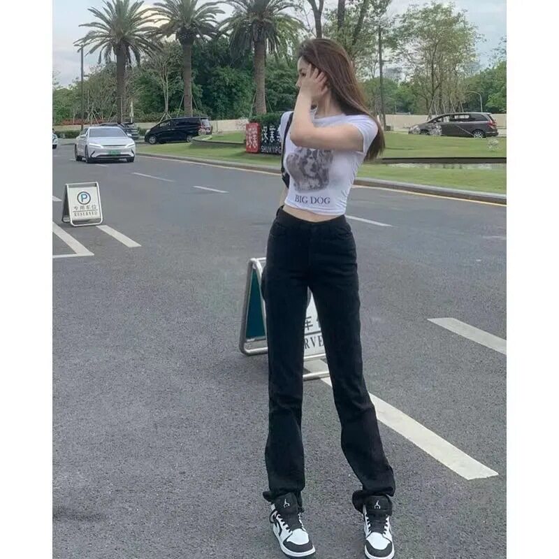 黑色高腰牛仔裤女直筒修