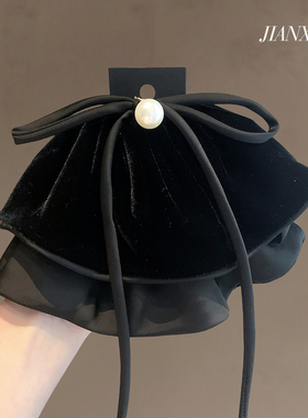 法式复古珍珠丝绒飘带抓夹黑色蝴蝶结扎高马尾夹后脑勺超仙盘发夹