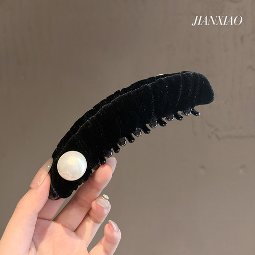 黑色丝绒珍珠懒人香蕉夹复古优雅气质抓夹高端赫本风竖夹轻奢发饰