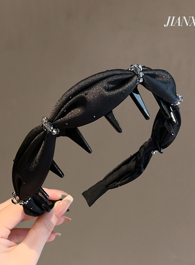 复古黑色缎面褶皱水钻发箍高颅顶齿梳头箍气质洗脸压发饰高端发卡