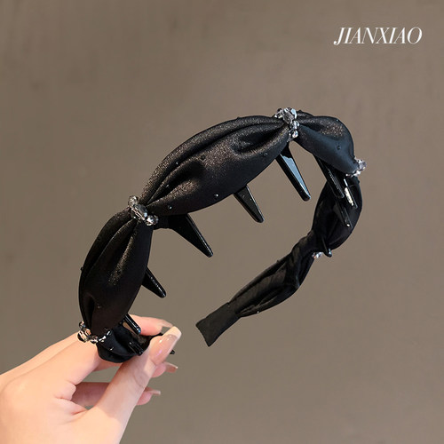 复古黑色缎面褶皱水钻发箍高颅顶齿梳头箍气质洗脸压发饰高端发卡