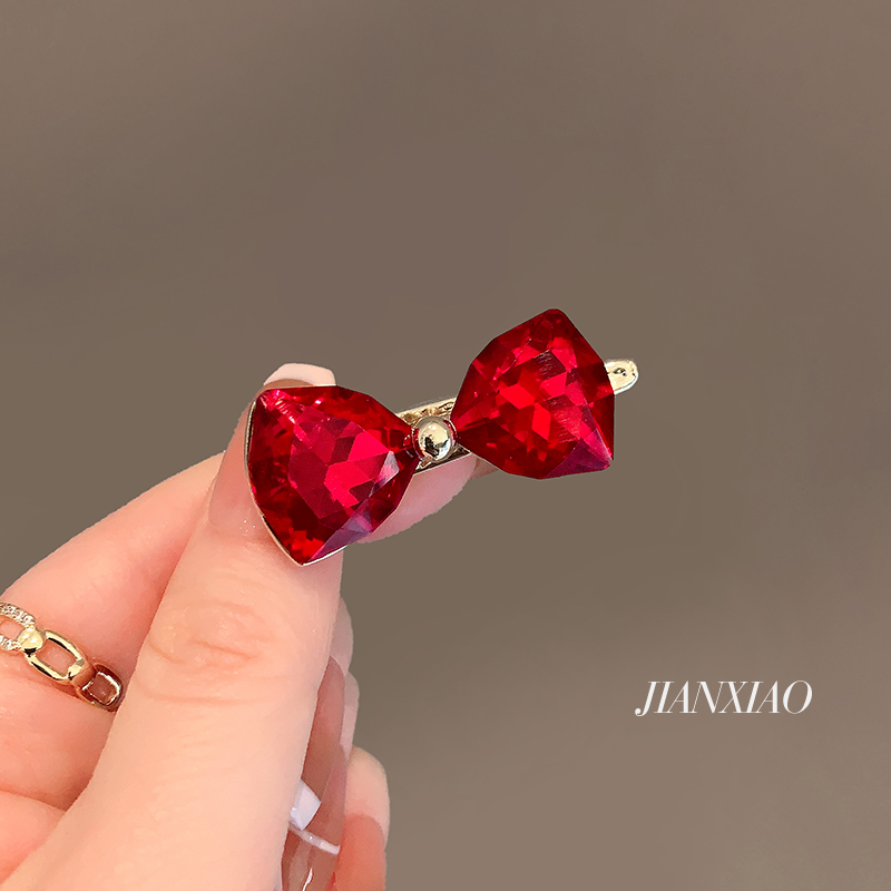 红色水晶蝴蝶结鸭嘴夹女高级感水钻发夹子侧边刘海抓夹额前碎发饰