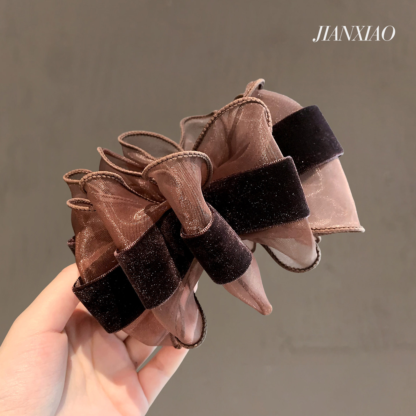 复古欧根纱蝴蝶结发夹高级感丝绒香蕉夹气质扎低马尾竖夹懒人发饰