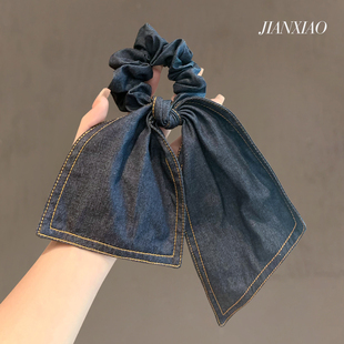 许我耀眼赵露思许妍同款 牛仔蝴蝶结飘带大肠发圈高端头绳弹力发饰