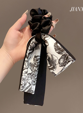 中式国潮水墨清冷印花图案发圈气质缎面飘带蝴蝶结低马尾发绳发饰