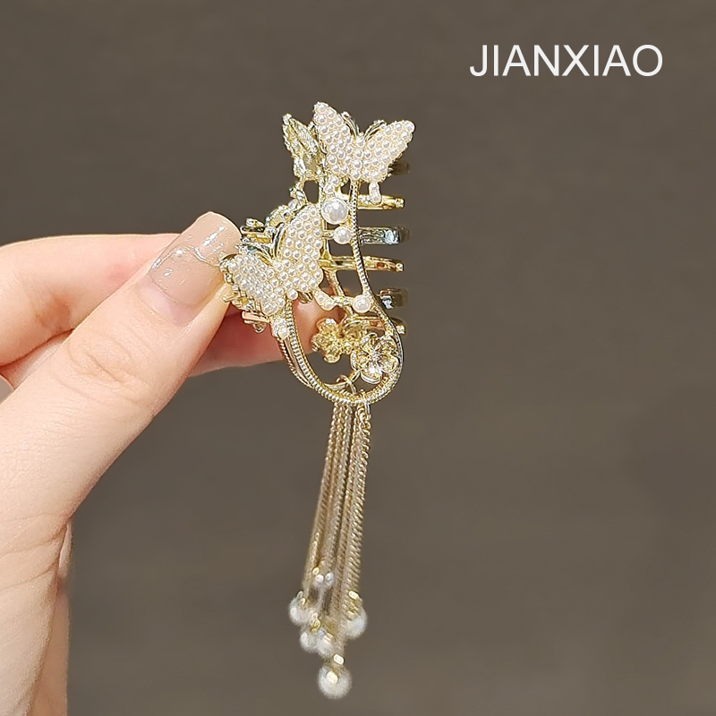 简晓甜美珍珠蝴蝶鲨鱼夹链条流苏精致感发夹创意少女时尚发夹抓夹