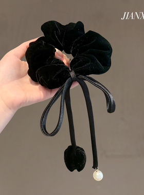 法式复古郁金香飘带发圈黑色气质扎丸子头绳秋冬高级感丝绒橡皮筋