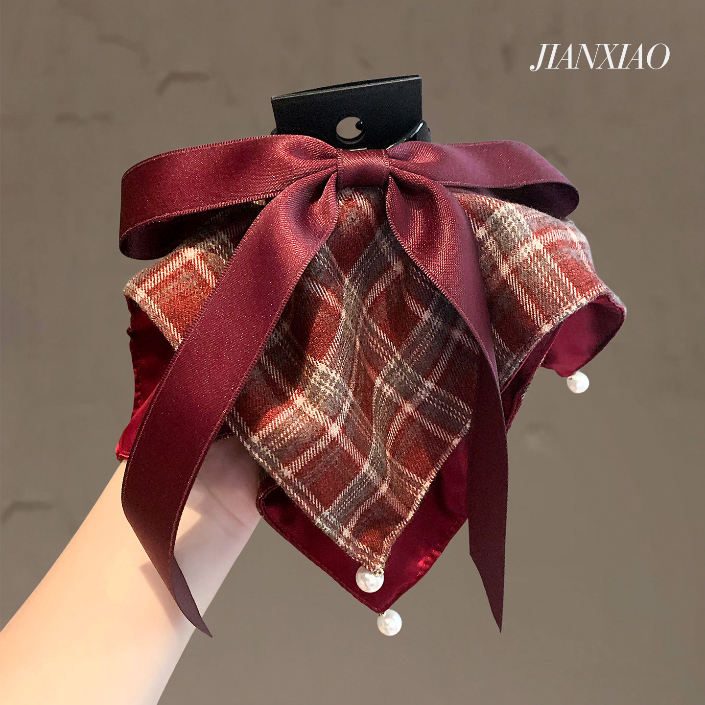 韩系网红复古红色格纹蝴蝶结马尾夹甜美珍珠抓夹显白少女心盘发夹