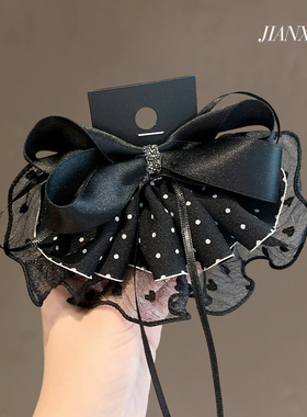 复古黑色雪纱波点蝴蝶结发夹甜美飘带懒人弹簧夹子公主头半扎发饰