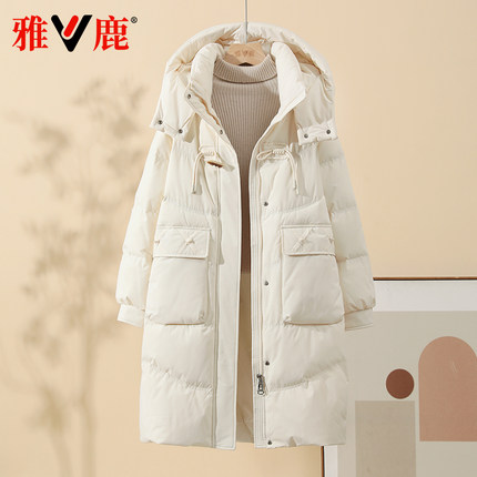雅鹿2024冬季羽绒服中长款抗寒大口袋可脱卸帽阔版加厚牛角扣外套