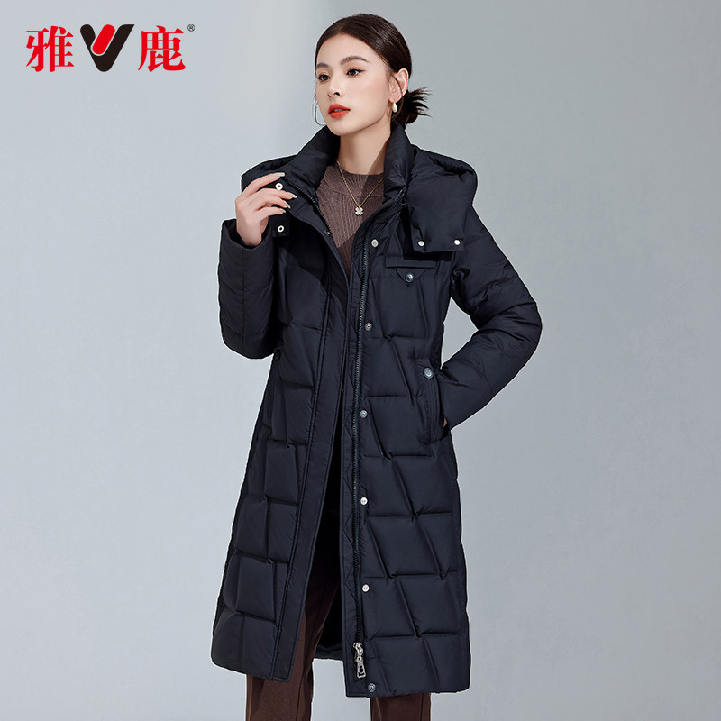 雅鹿长款连帽加厚白鸭绒羽绒服女