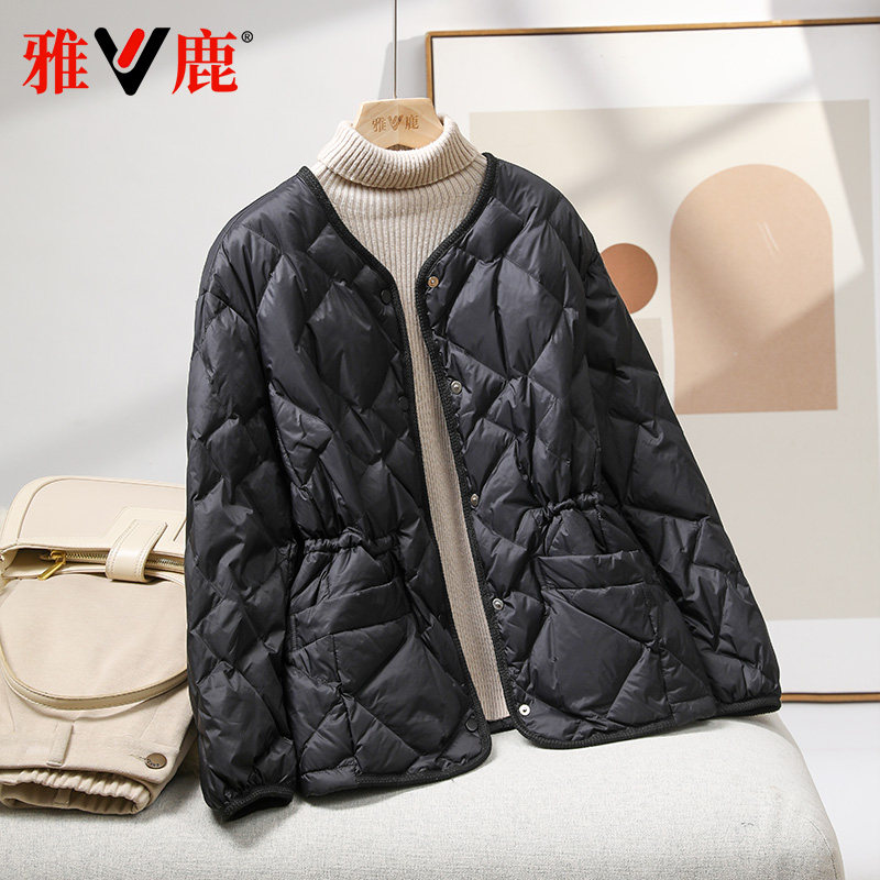 轻薄无领收腰羽绒服单排扣