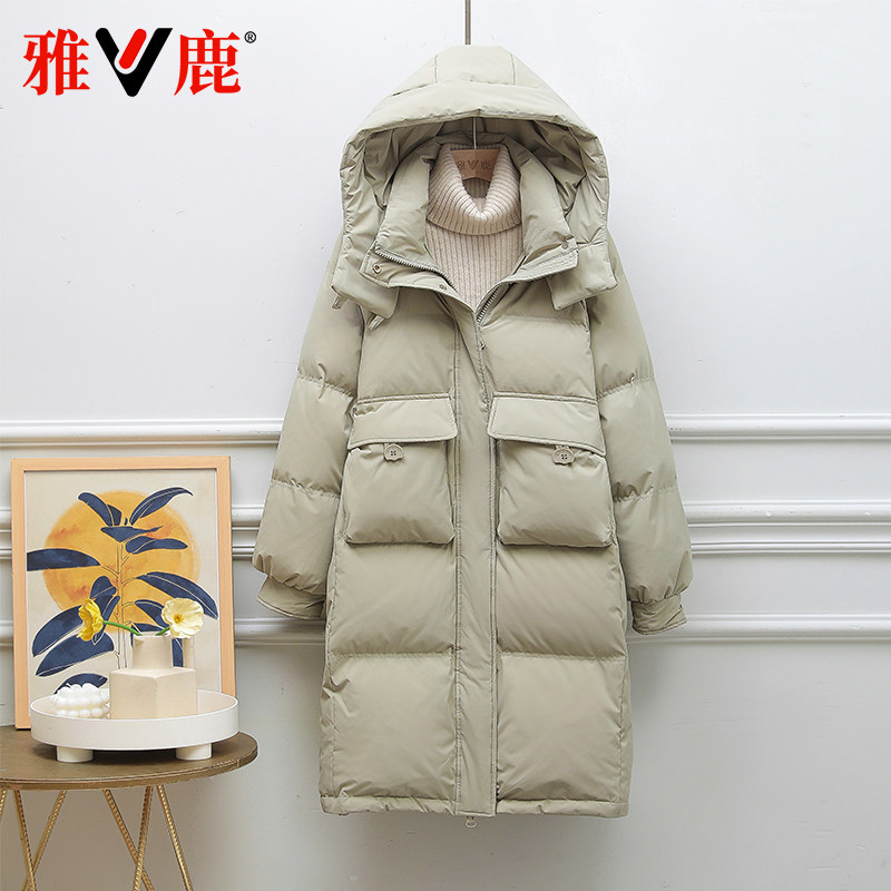 雅鹿女过膝加厚连帽收腰羽绒服