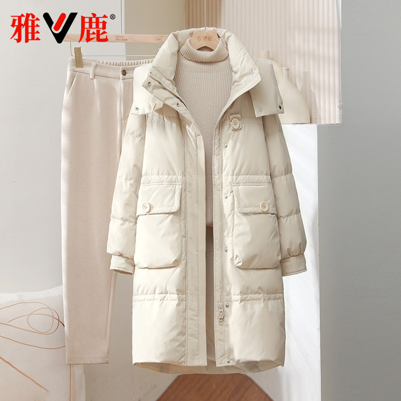 韩版中长款连帽羽绒服女