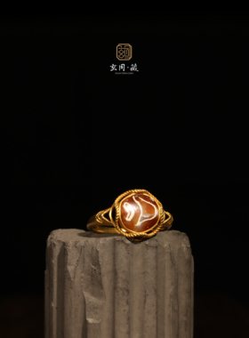 古法红玉髓水波纹戒指 18k黄金镶嵌原创设计款新中式古典气质男女