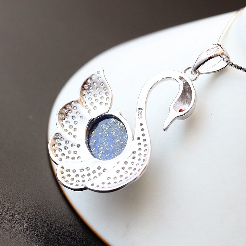 天然青七夕礼物天鹅银饰纯银镶金石新款925手工小银吊坠挂件项坠